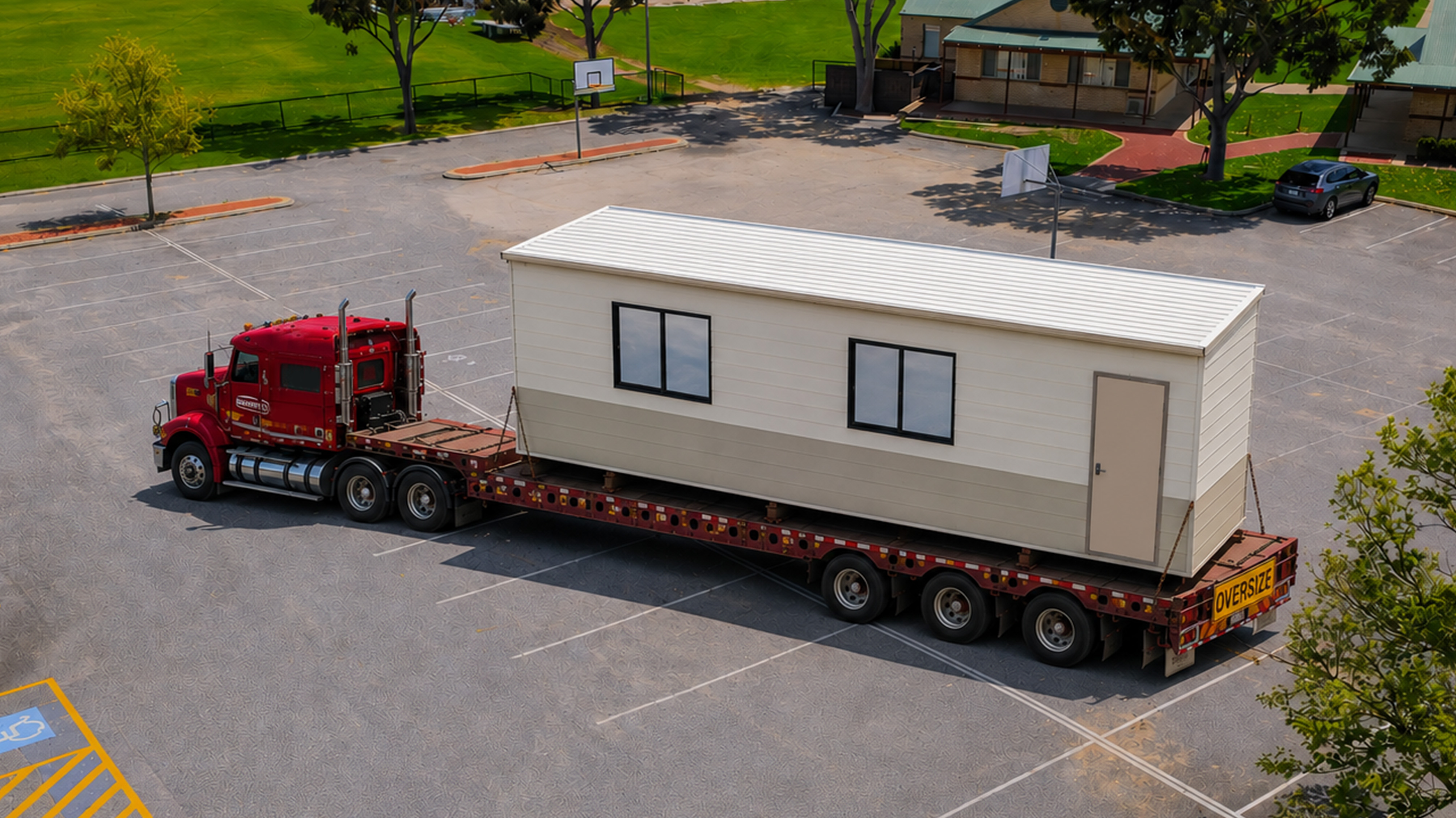 A prefabricated site building being carefully delivered by truck in Western Australia