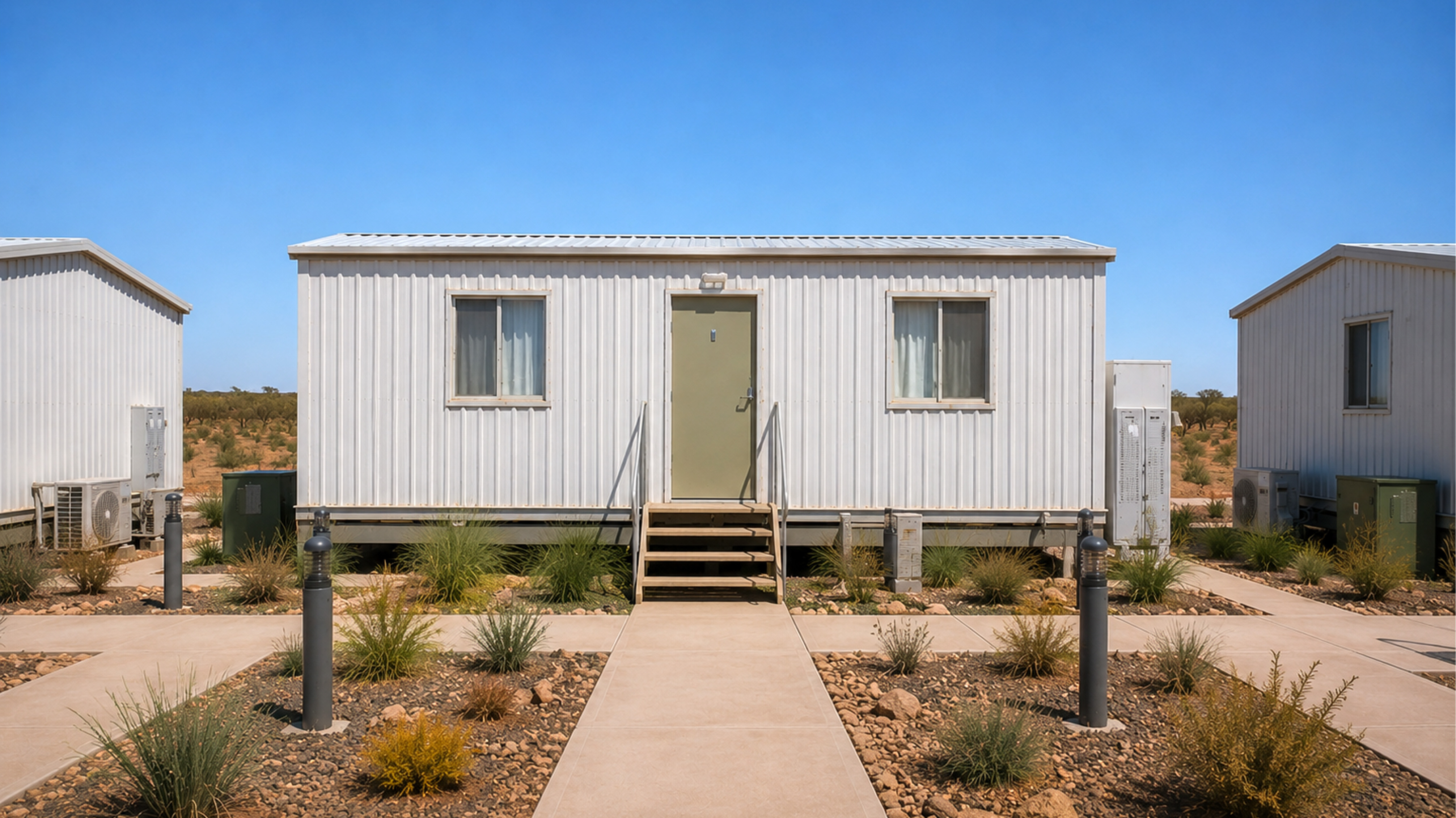 Modular site building used as remote workforce accommodation with facilities for construction site operations in Western Australia