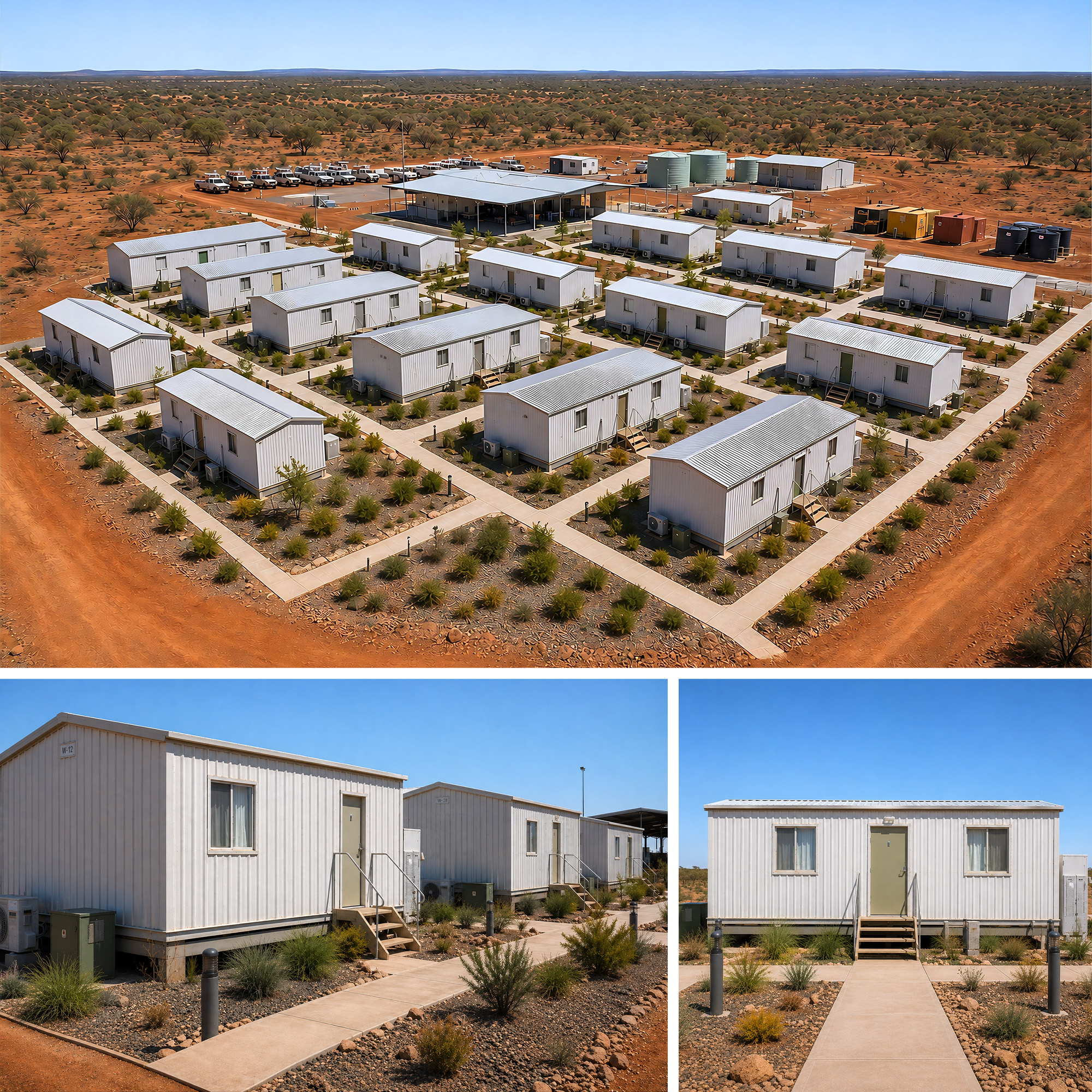 Transportable buildings arranged as a remote WA workforce accommodation camp with modular building units, pathways and site facilities